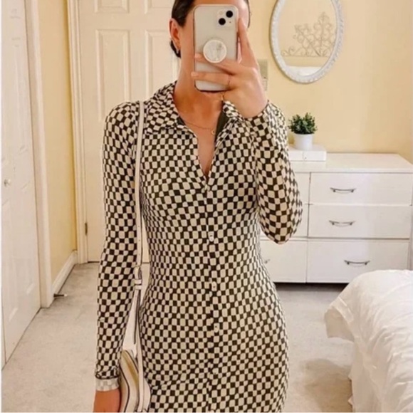 XXS Abercrombie checkered dress long sleeve green and cream - Picture 3 of 4